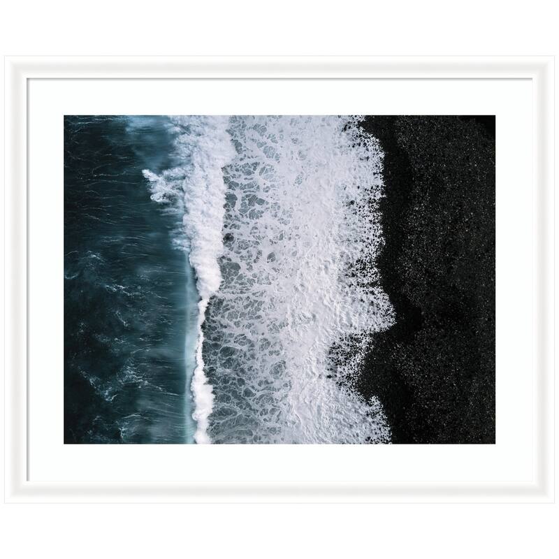 Kate and Laurel Framed Art Ocean Waves on the Black Beach in Iceland by Michael Schauer - 43x35 - White