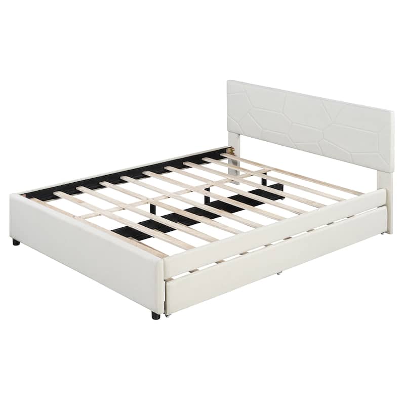 Roomfitters Queen Size Upholstered Platform Bed Frame with Twin XL Trundle and Geometric Patterned Headboard
