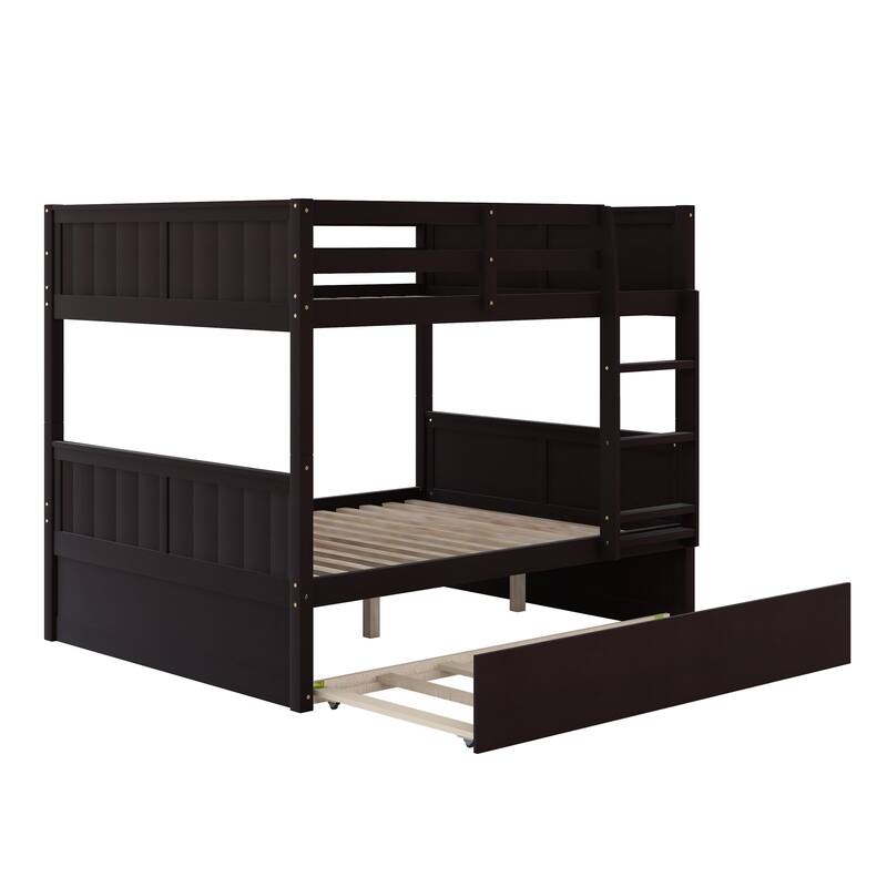 Full Over Full Bunk Bed with Twin Trundle, Espresso Finish, Convertible Design