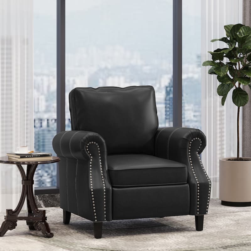 Roomfitters Faux Leather Club Chair with Rolled Arms, Nailhead Trim and Cushioned Seat, Classic Accent Armchair, Black - Black