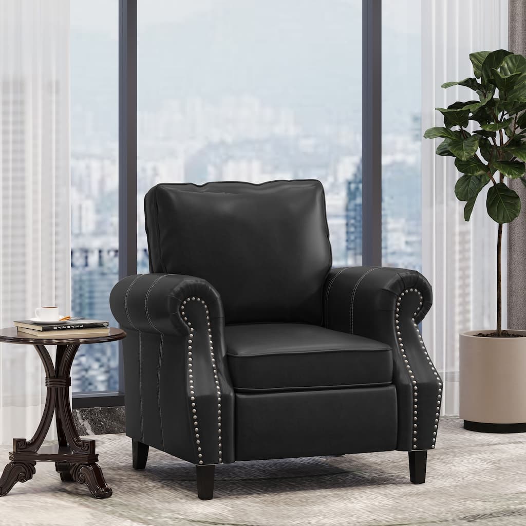 Roomfitters Faux Leather Club Chair with Rolled Arms, Nailhead Trim and Cushioned Seat, Classic Accent Armchair, Black