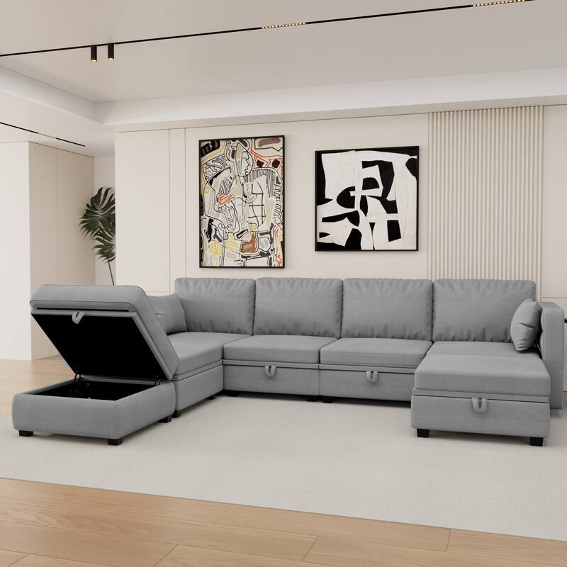 6-Seat U-Shaped Modular Reversible Sectional Sofa with Storage Ottoman