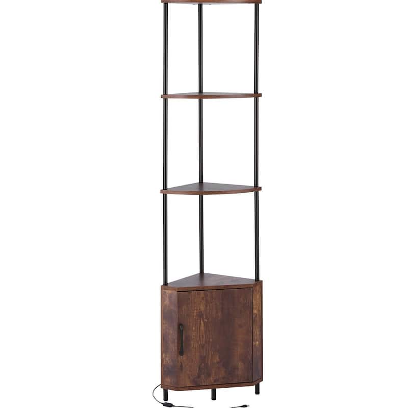 5 Tier Corner Stand with Smart LED Lights and Cabinet for Home Decor - 12 x 12 x 66.1 in - Black-Brown