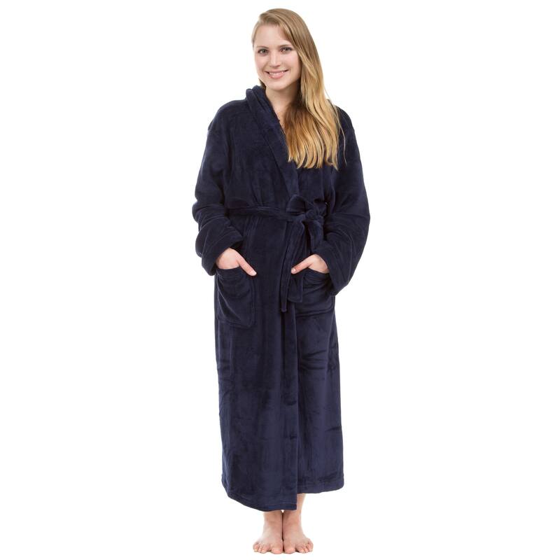 Women's Hooded Plush Robe, Long Fleece Solid Robe - Navy Blue