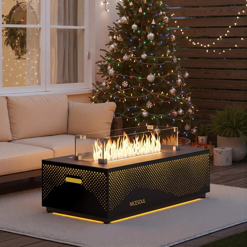 FINCATI Propane Fire Pit Coffee Table, Rectangle Natural Gas Outdoor Fire Pit Modern Gas Firepit, 42'' Fire Pit Table - Lattice