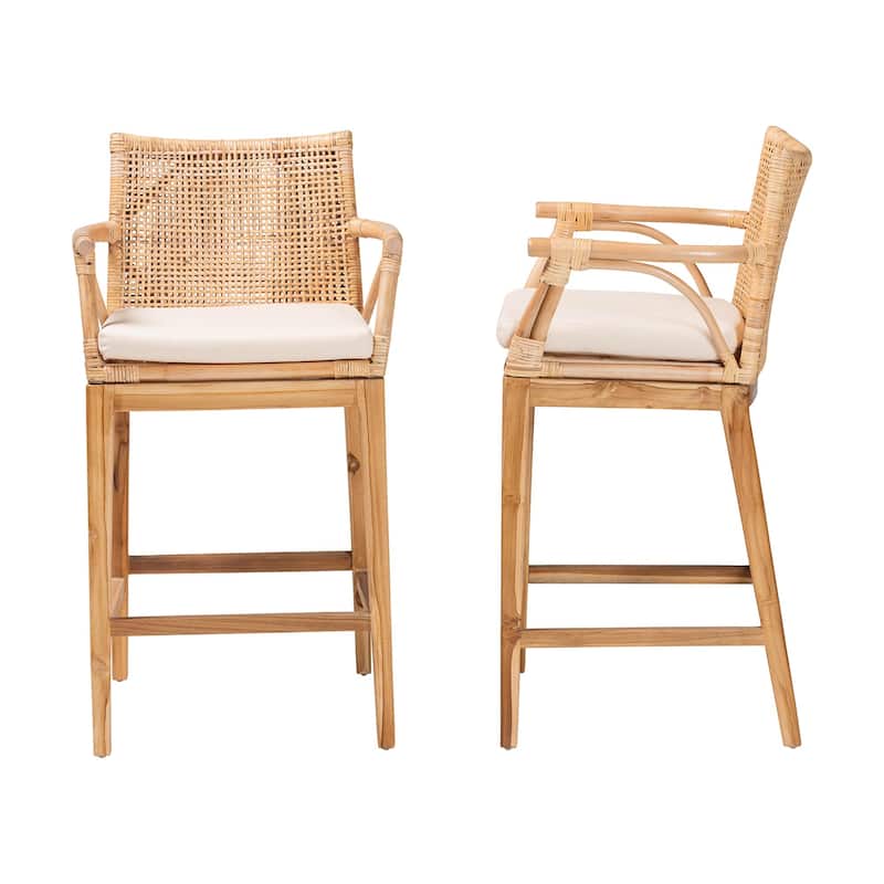 Storsel Bohemian Natural Rattan and Teak Wood 2-Piece Counter Stool Set