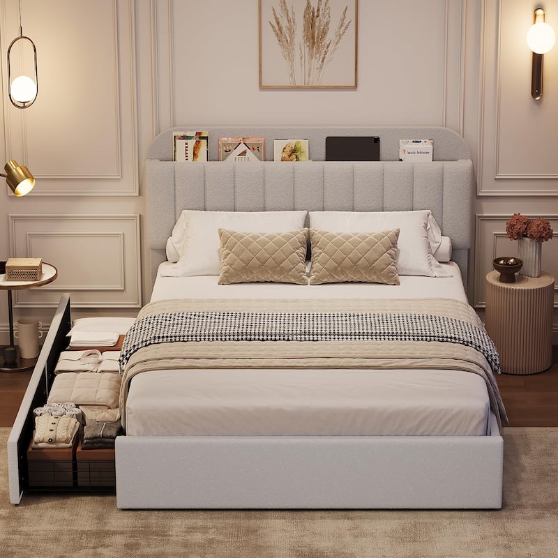 Twin XL/Queen Bed Frame with 2 Flexible Drawers and Bookcase Headboard, Boucle Upholstered Platform Bed for Boys/Girls