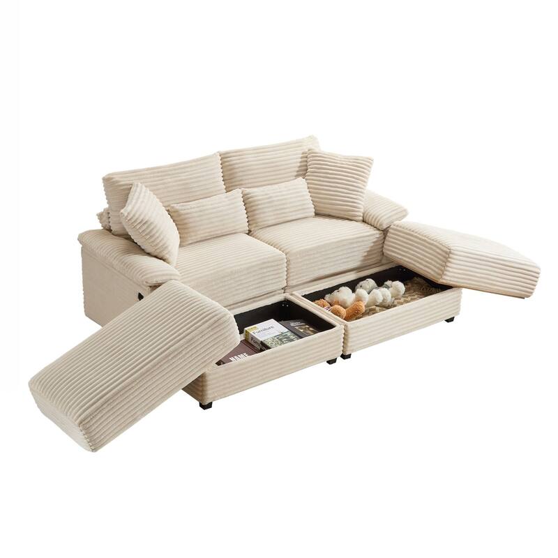 Double Chaise Lounge Set with Reversible Ottoman - Soft Corduroy Fabric, Storage Ottomans,USB Port, Multi-Functional Seat/Table