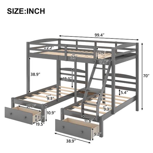 Elegant Full over Twin & Twin Triple Bunk Bed with 3 Drawers, Gray