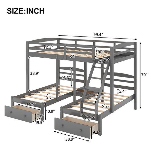 Triple Bunk Bed with Full and Twin Sleeping Spaces, Built-in Storage Drawers and Shelves