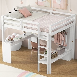 Loft Bed Frame with L-shaped Desk, Open Wardrobe and Storage Bookcase, Wooden Bed with Guardrails and Stairs for Kids