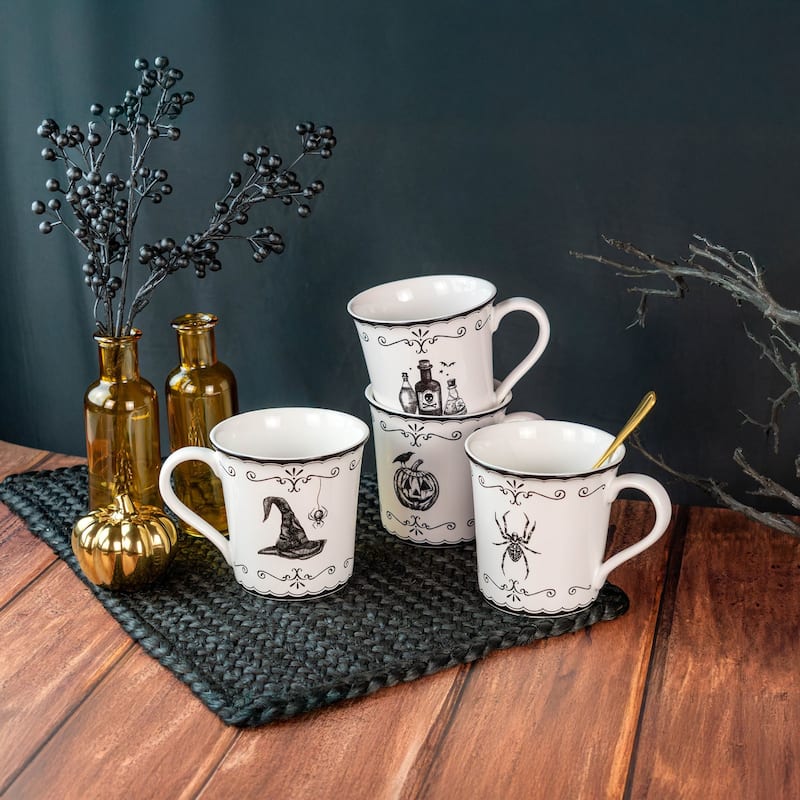 222 Fifth Elegant Haunting 4-Piece White Porcelain Halloween Mug Set - Witch Hat, Jack-o'-Lantern, Potion & Spider - 20.29 oz