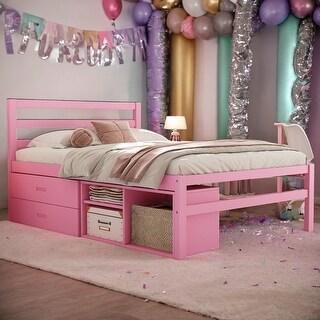 Pink Full Size Wood Platform Bed with Removable Storage Shelves, Built-in 2 Storage Drawers