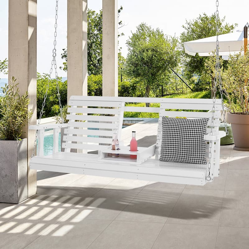 White Cedar Wood Porch Swing with Steel Chains and Cup Holder - 60” L x 28” W x 23.6” H