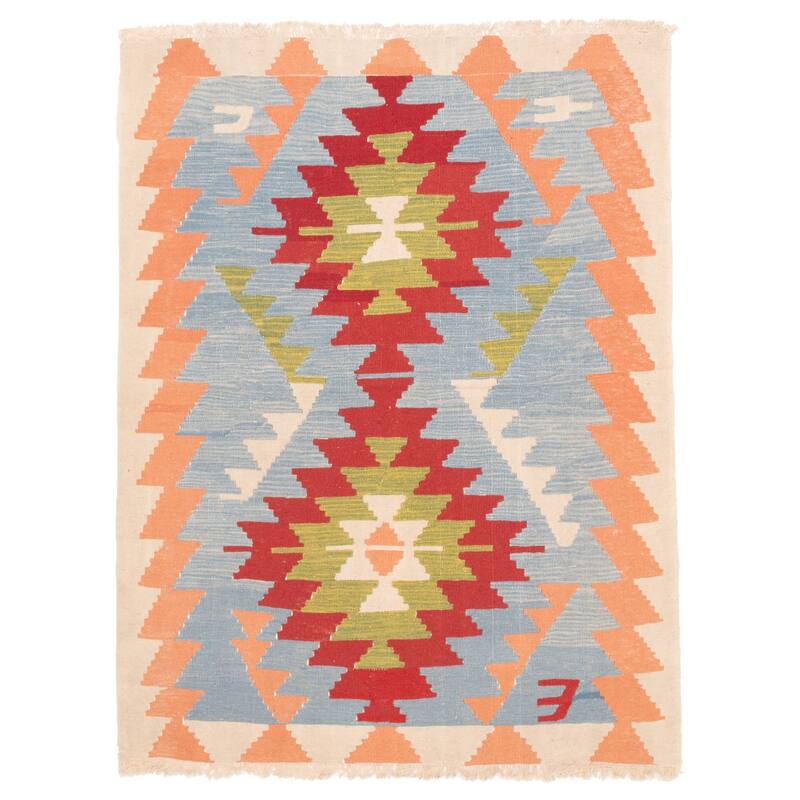 ECARPETGALLERY Flat-Weave Bold and Colorful Light Blue Wool Kilim - 4'3 x 6'6