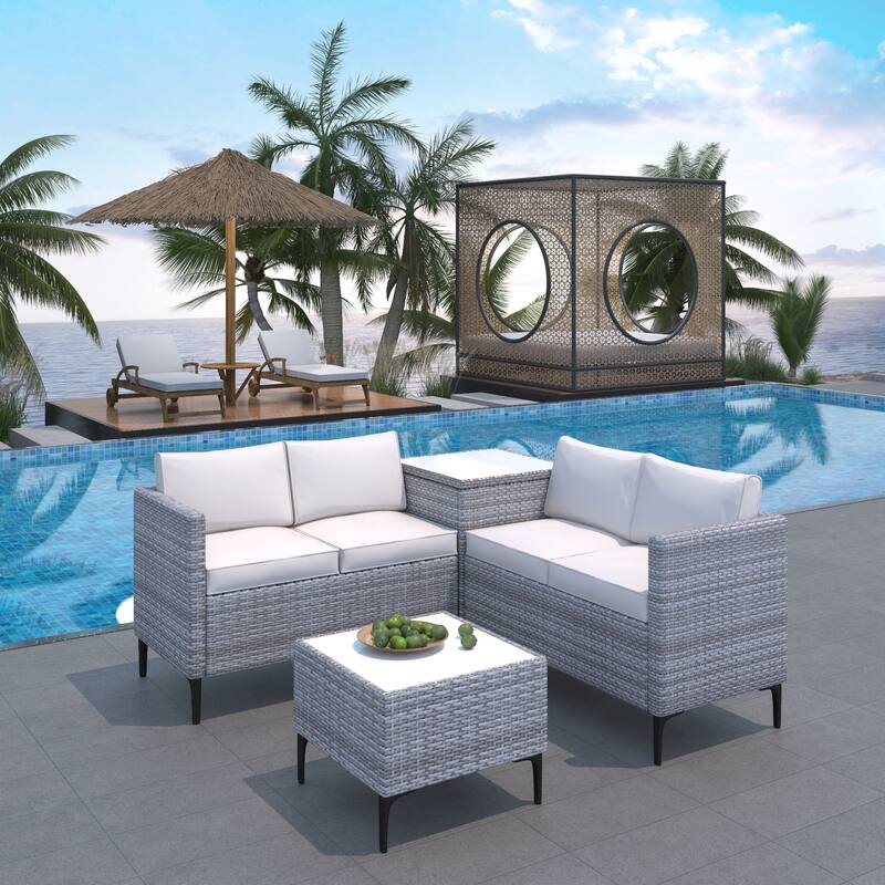 4-Piece Rattan Patio Set – Modular Sectional with Storage Box & Glass Table, Weather-Resistant for Outdoor Lounge,