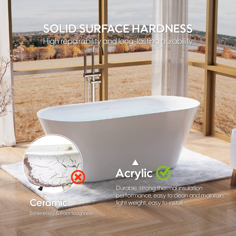 Glossy White Freestanding Soaking Bathtub, 100% Pure Virgin Acrylic with Drain And Overflow