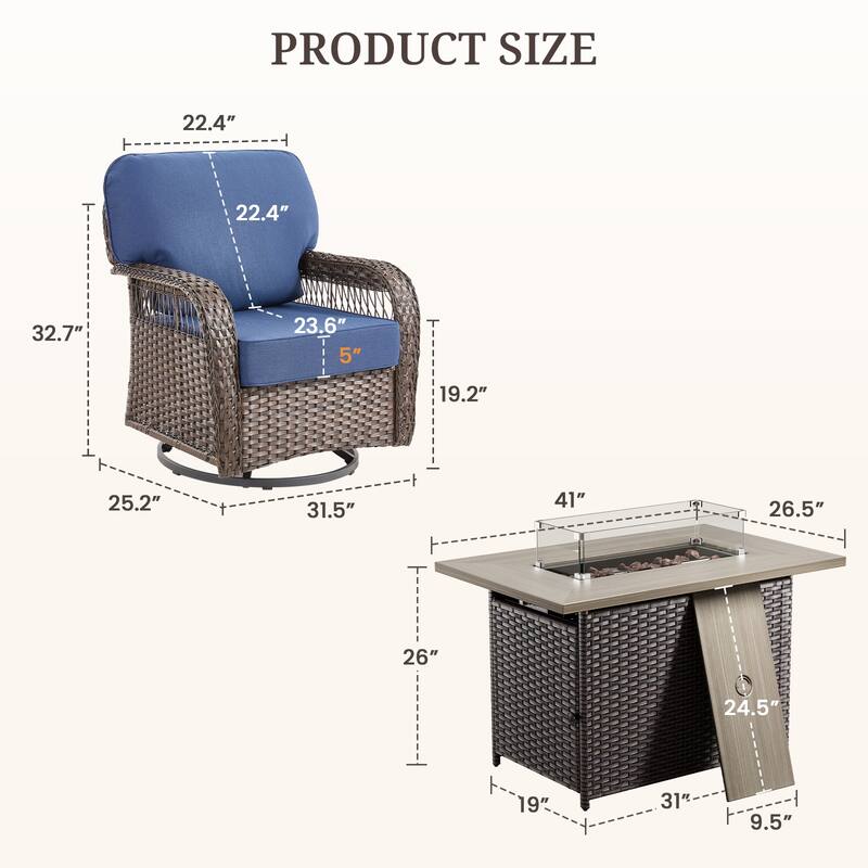Pocassy Outdoor Fire Table with Swivel Chair Funiture Set.
