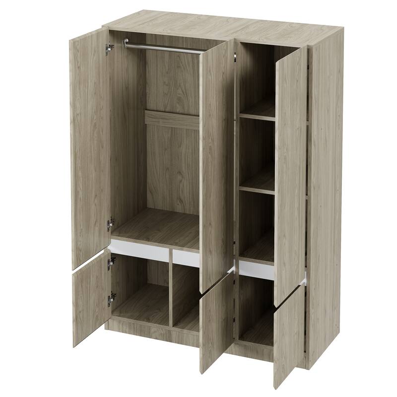 6-Doors Wooden Wardrobe Storage Armoire with Built-in Hanging Rail Clothes Storage Cabinet for Bedroom