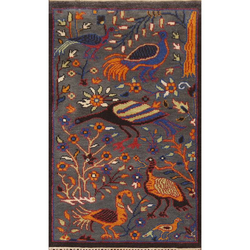 Animals Design Gray Ziegler Indian Accent Rug Hand-Knotted Wool Carpet - 2'11"x 4'11"
