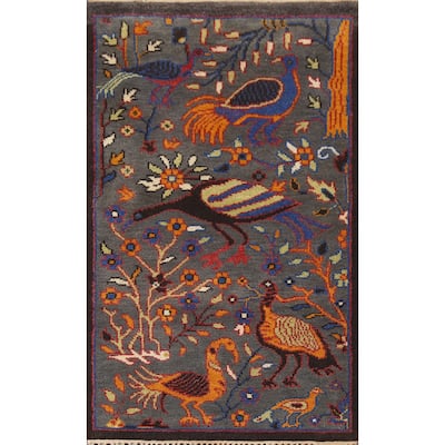 Animals Design Gray Ziegler Indian Accent Rug Hand-Knotted Wool Carpet - 2'11"x 4'11"