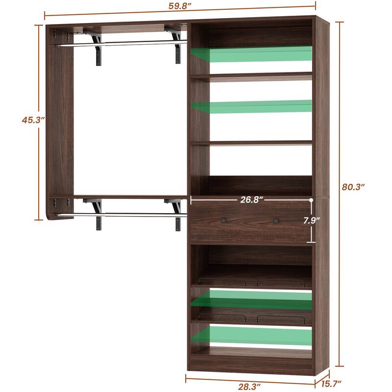 5FT Wood Closet System with 2 Hanging Rods ＆ Adjustable Shelf,Reversible Walk In Closet Organizers with Shoe Rack ＆ Drawer