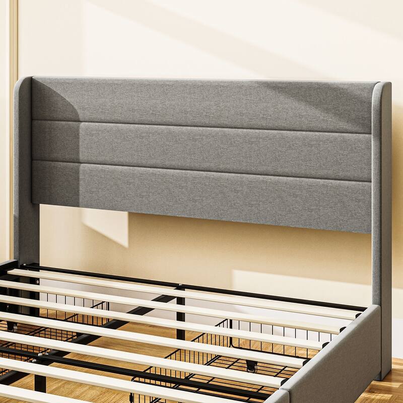 Queen Bed Frame with Headboard, Storage Drawers, Upholstered Platform Frame, No Box Spring, Steel Construction, Easy Assembly