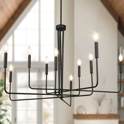 Modern Farmhouse Black 10-Light Chandelier Metal Wheel Candle Ceiling Light - D 43.3" x H 26.8"