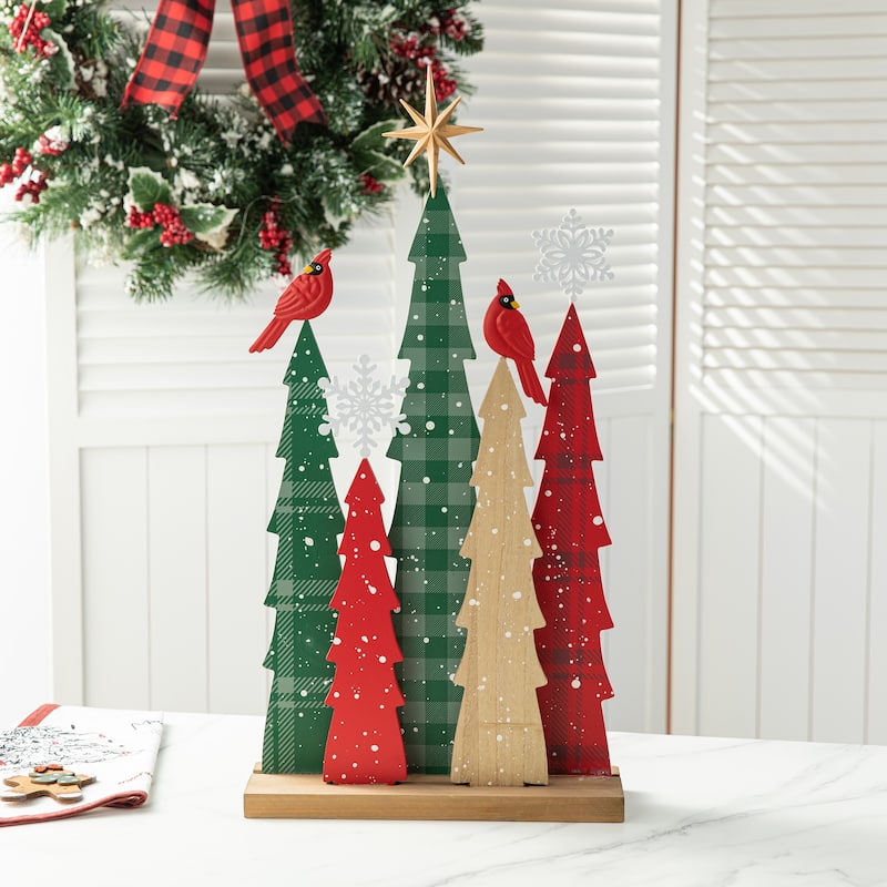 Glitzhome Wooden JOY Nativity Xmas Table Tree Centerpiece Home Decor - Cardinal in the Tree