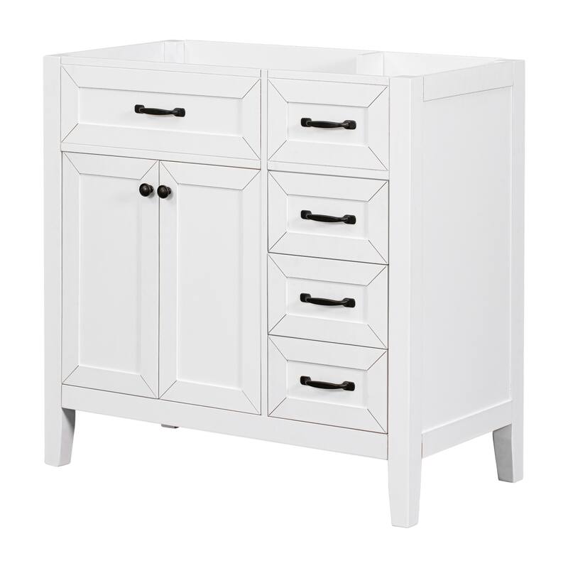 36" Modern White Bathroom Vanity Cabinet Base, 2 Doors & 3 Drawers, Solid Rubber Wood & MDF