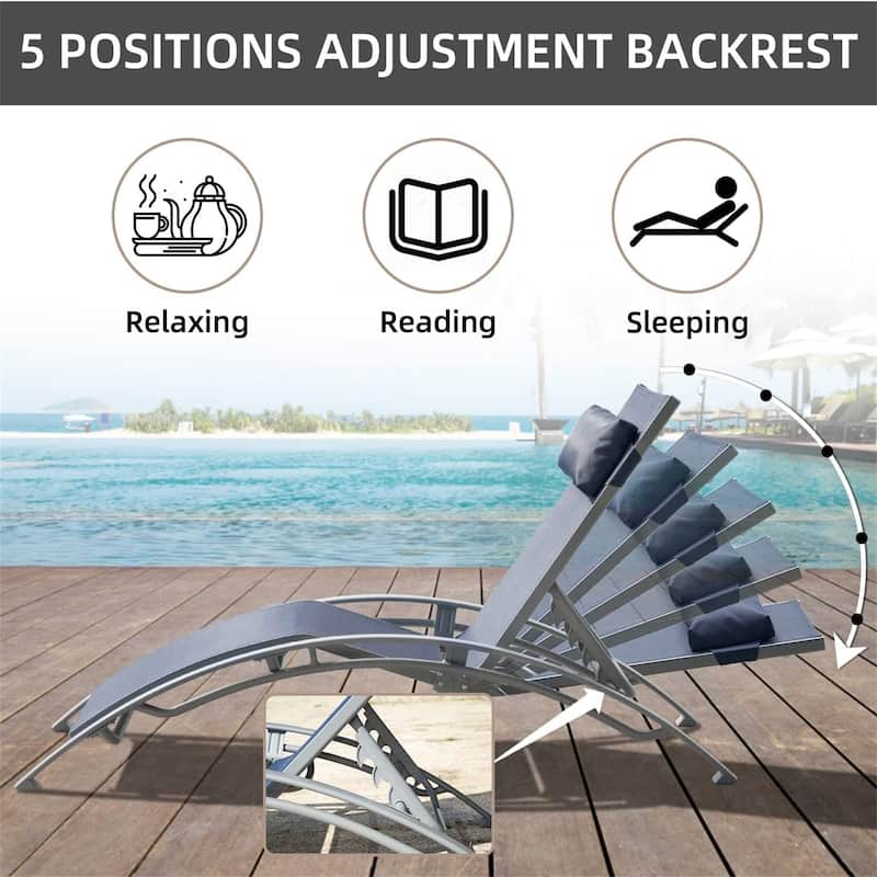 5 Adjustable Aluminum Textile Outdoor Patio Recliner Chairs in Gray, 2 Lounge Chairs and 1 Table - N/A