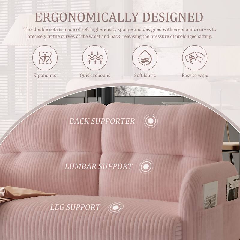 Small Corduroy Upholstered Loveseat Sofa, Lounge Sofa Chair with Double Side Pockets, High-Density Sponge 2 Seater Sofa