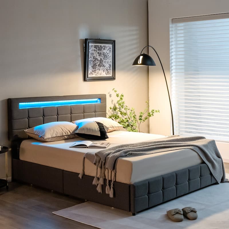 Costway Upholstered Queen LED Lights Bed Headboard Drawers Solid
