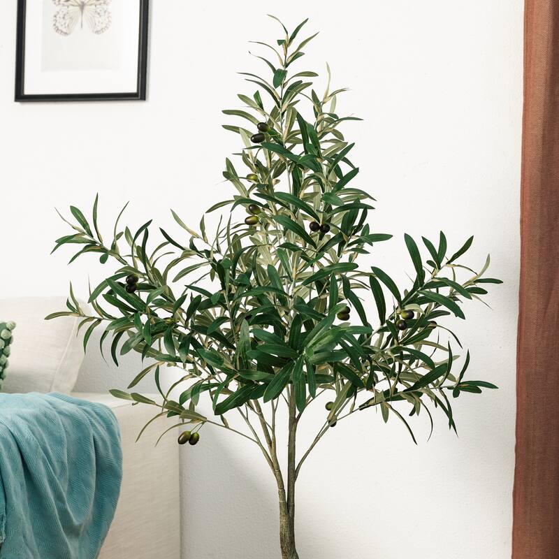 Glitzhome 4/6ft Faux Olive Tree with Black Pot Real Touch Artificial Plant
