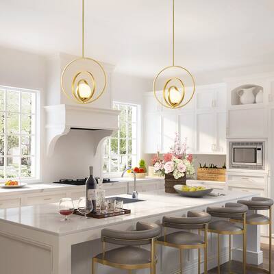 1-Light Modern Gold Tiered Circle Ring Opal Glass Globe Bubble Pendant Light for Kitchen Island