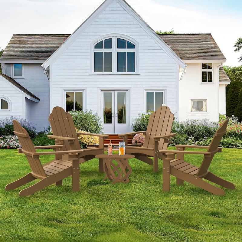 Plastic Poly Weather Resistant Outdoor Adirondack Chair Set of 4 Patio Classic Adirondack Chairs with Cup Holder - Brown