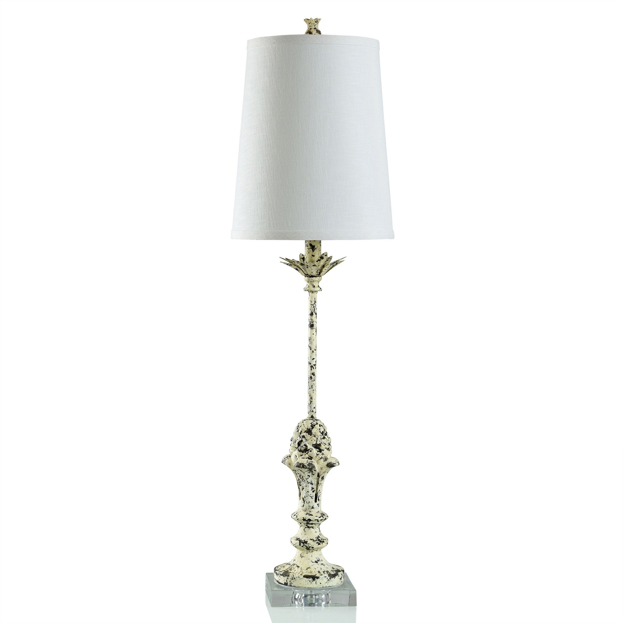 Antiqued Table Lamp - Off White And Black Rubbed Finish - Acrylic Base - White Linen Shade