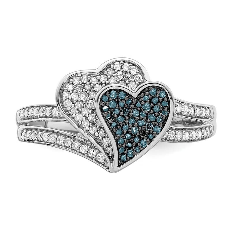 Curata 925 Sterling Silver Rhodium Plated Blue and White Diamond Love Hearts Ring
