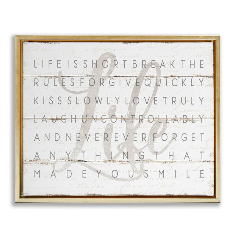 Stupell Life Is Short Smile Grey on White Planked Look Floater Frame - Off-White - 21 x 17 - Gold