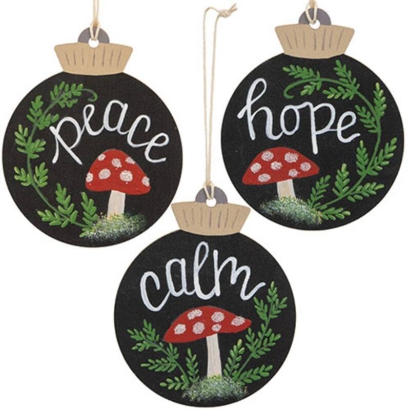 Black Wooden Hanging Mushroom Ornaments with Peace Calm Hope Script Text for Tree 3 Asstd. - 4.25" H x 3.5" W x .125" D
