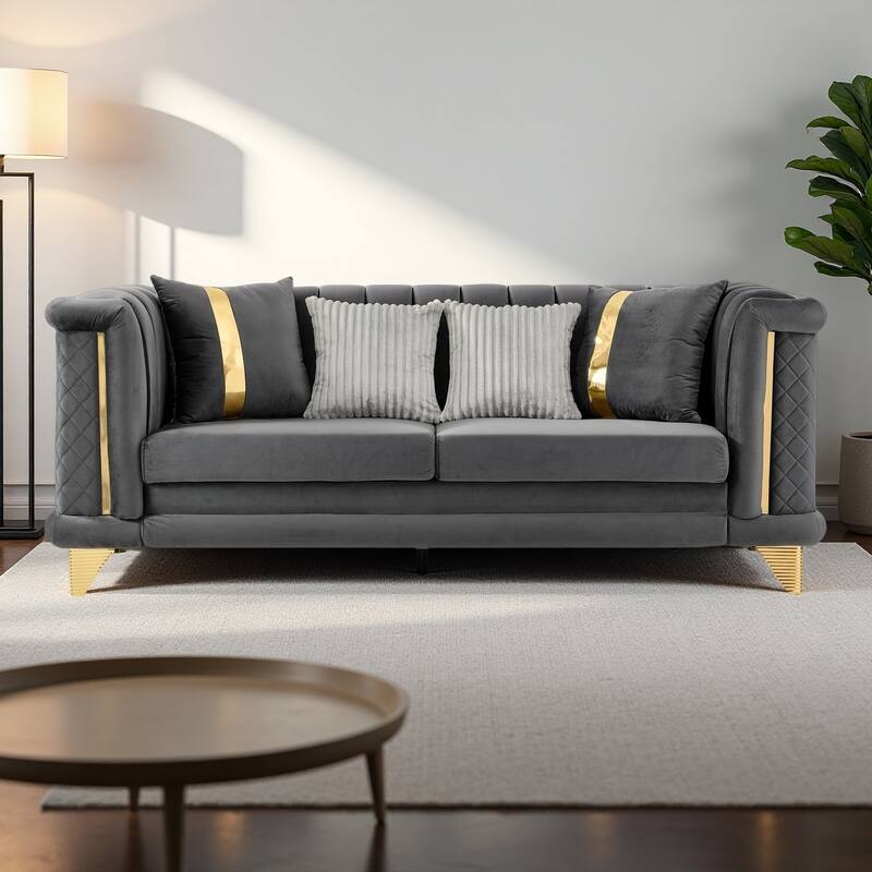 89" Velvet Luxury 3-Seater Sofa and Mid-Century Modern Tufted Couch with Gold Trims and 4 Premium Pillows - Gray