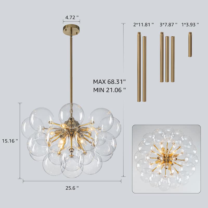 Starsky 12‑Light Linear Chandelier with Clear Glass Globes - Black or Gold Finish