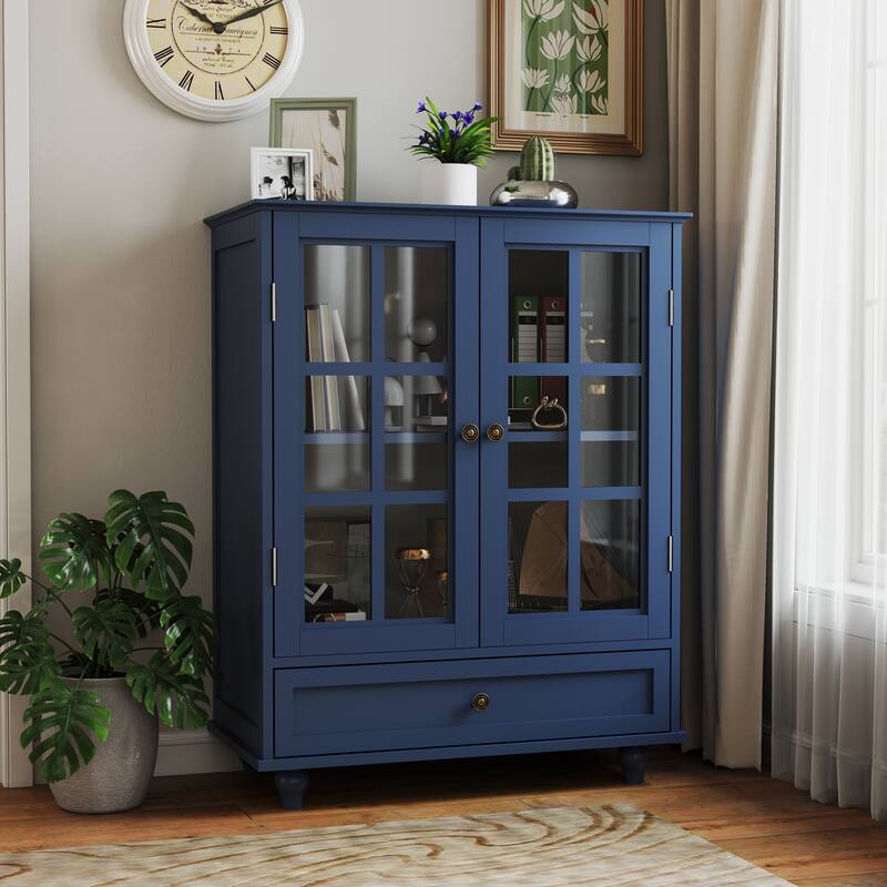 Buffet Cabinet with Double Glass Doors and Drawer, Modern Wooden Storage Sideboard Cupboard for Living room, Dining Room - Blue