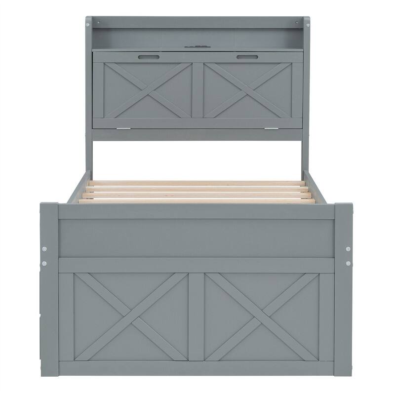 Wooden Platform Bed with Twin Size Trundle and 2 Drawers Underneath, Twin/Full Size Bed Frame with Storage Headboard and Outlets