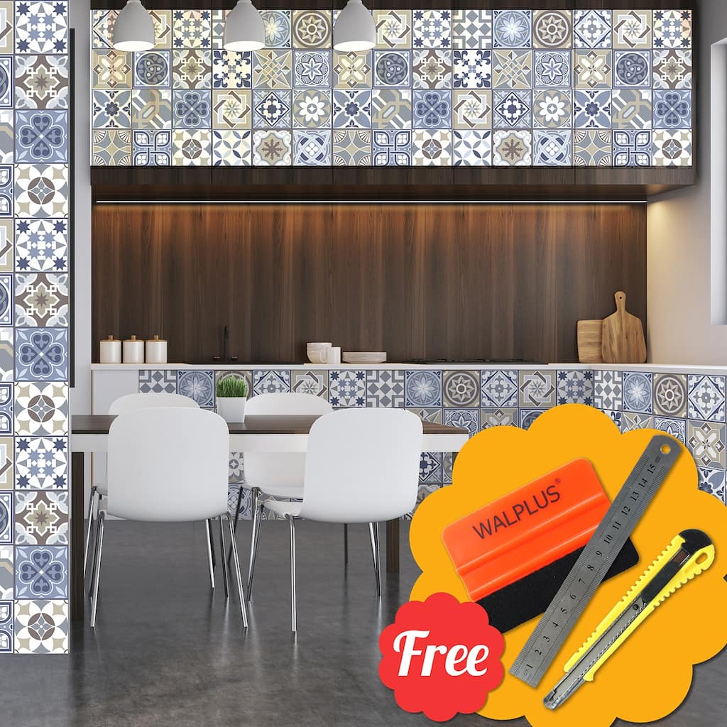 Walplus Spanish Blue Tile Stickers Peel and Stick Wall Decal 48pcs 6"x6"