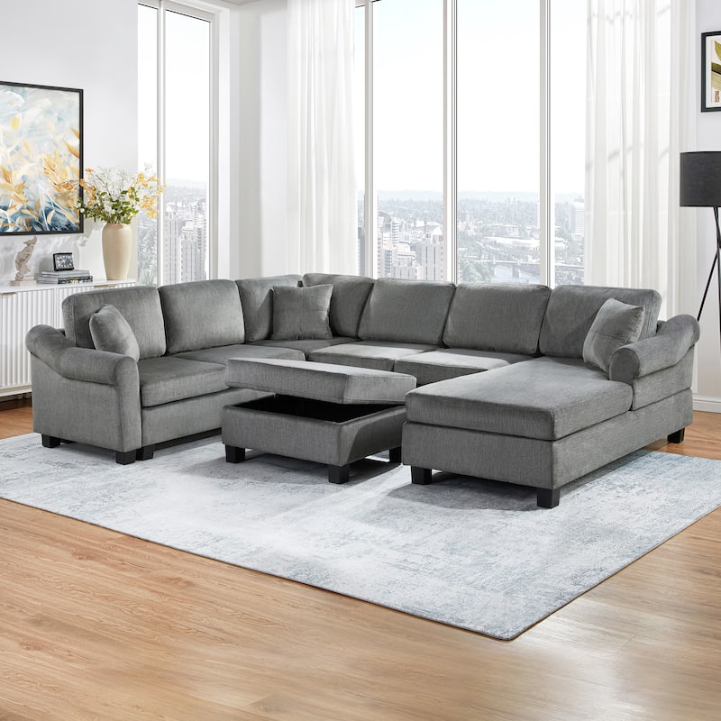 Roomfitters U-Shaped Chenille Sectional Sofa with Storage Ottoman, Modern Upholstered Couch for Living Room - Dark Grey