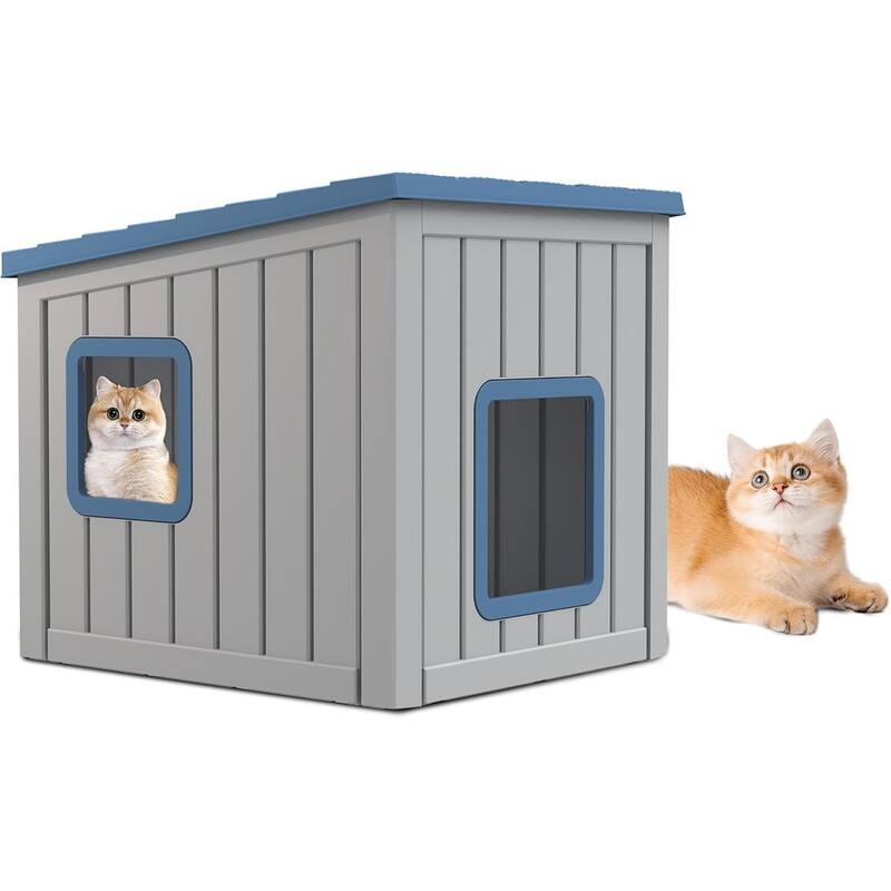Waterproof Resin Cat Houses,Feral Cat Shelter for Winter,Suitable for Cats, Rabbits and Other Small Animals(Blue - Blue
