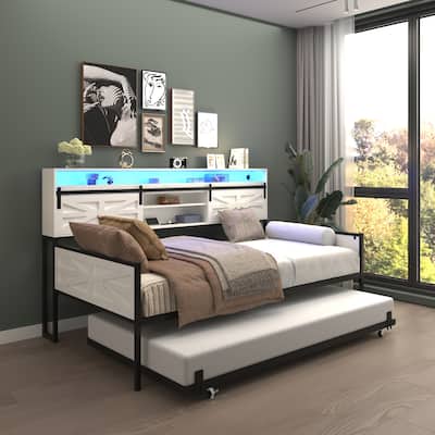 White Twin Daybed With Trundle – Farmhouse-style Frame Features Sliding Barn Door Headboard, Charging Station & LED Light.
