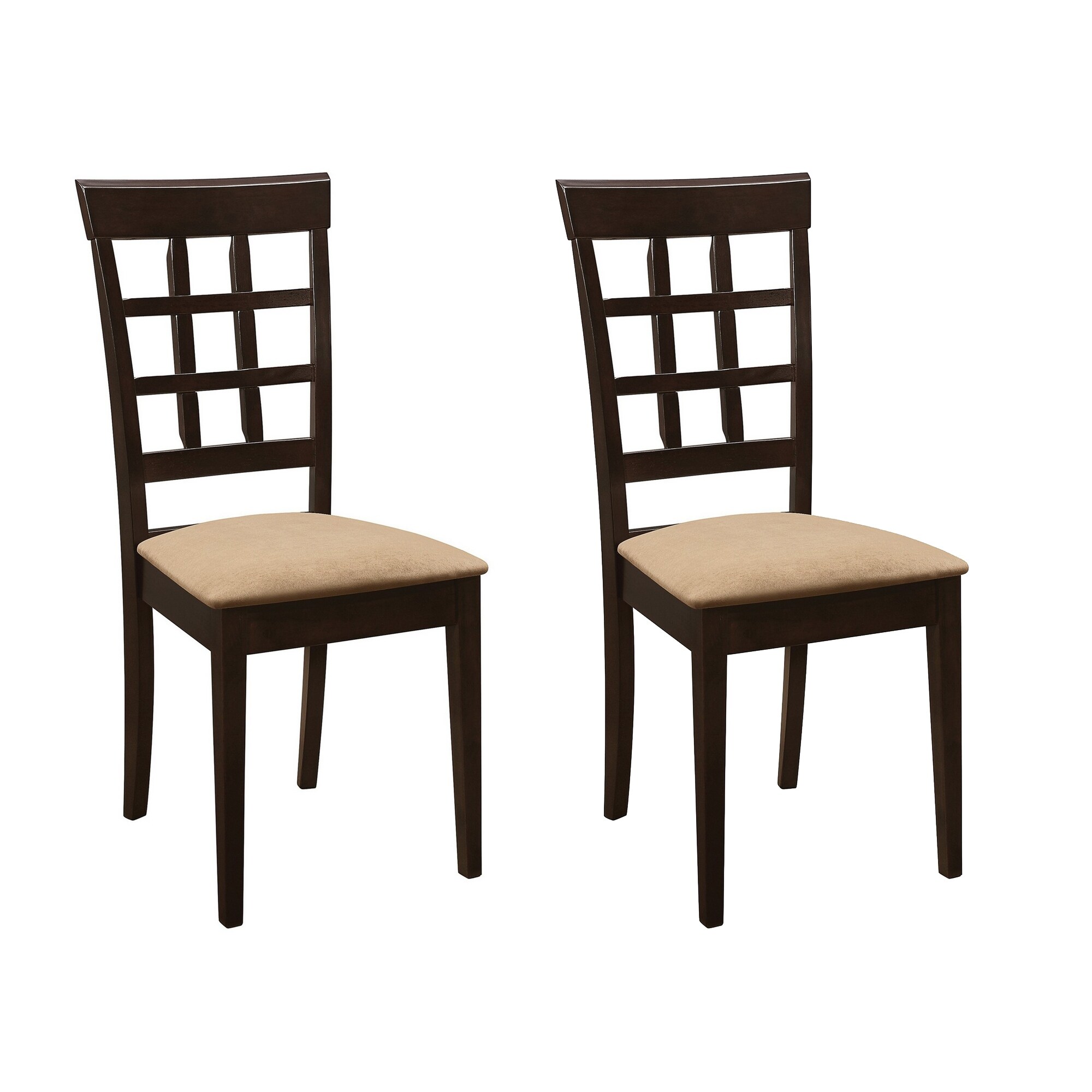 17 Inch Side Dining Chair Set of 2 Lattice Back Brown Wood Tan Fabric