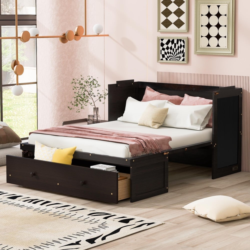 Wood Murphy Chest Bed Frame with Drawer and Charging Station, Space Saving Hidden Folding Cabinet Bed